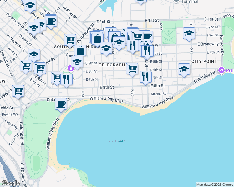 map of restaurants, bars, coffee shops, grocery stores, and more near 1530 Columbia Road in Boston