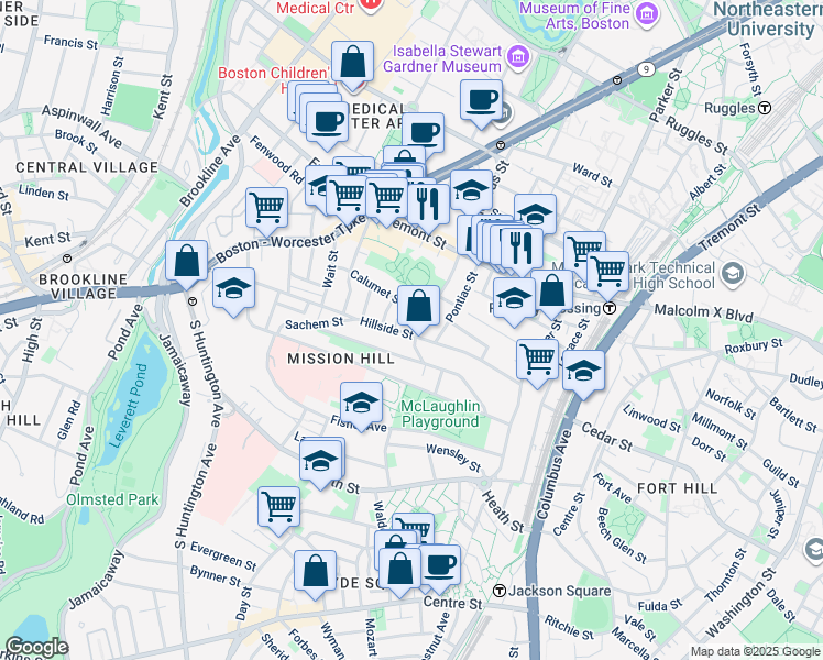 map of restaurants, bars, coffee shops, grocery stores, and more near 81 Hillside Street in Boston