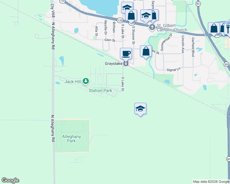 map of restaurants, bars, coffee shops, grocery stores, and more near 77 Thomas Court in Grayslake