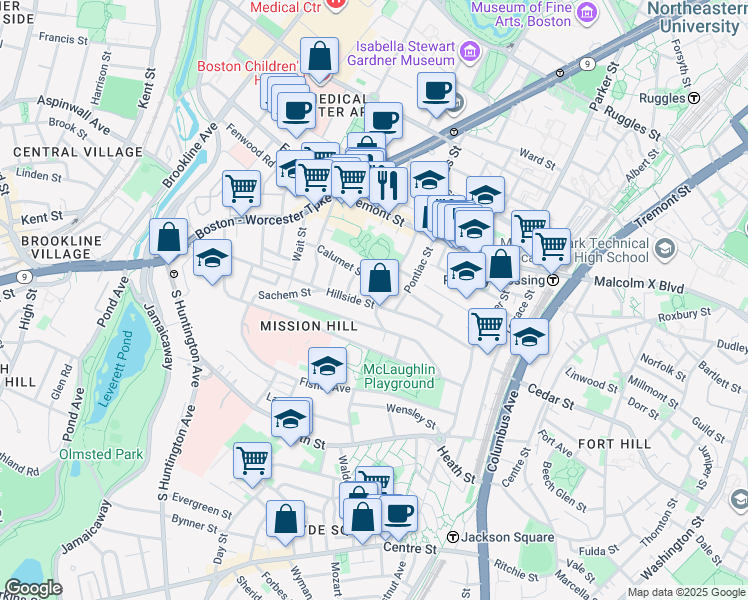 map of restaurants, bars, coffee shops, grocery stores, and more near 5 Iroquois Street in Boston
