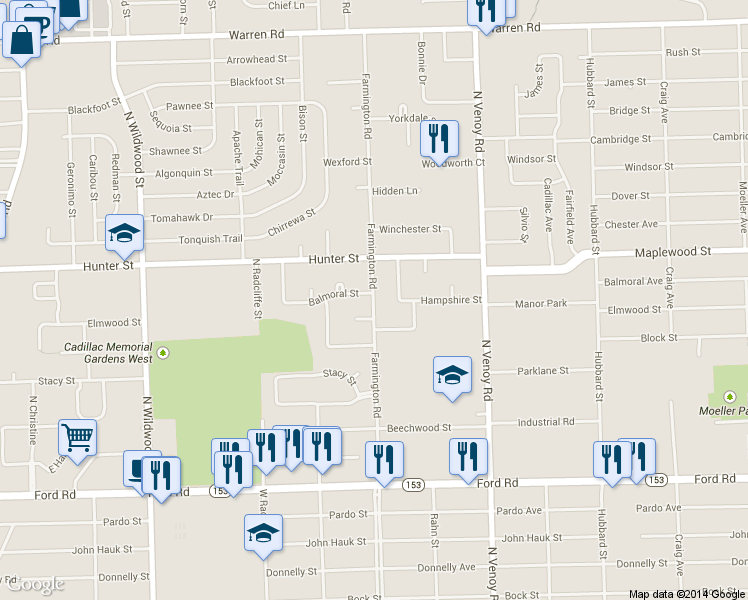 map of restaurants, bars, coffee shops, grocery stores, and more near 6260 Farmington Road in Westland
