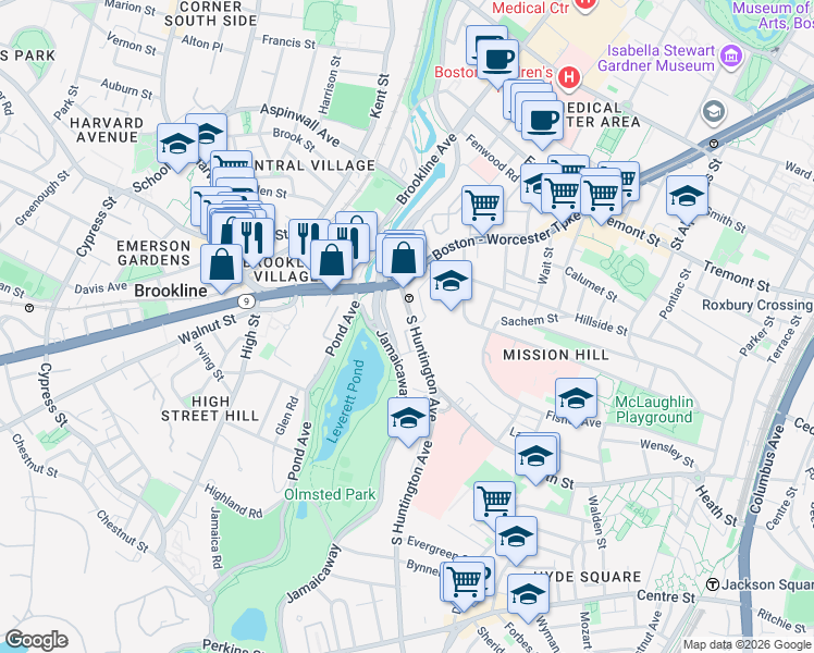 map of restaurants, bars, coffee shops, grocery stores, and more near 53 South Huntington Avenue in Boston