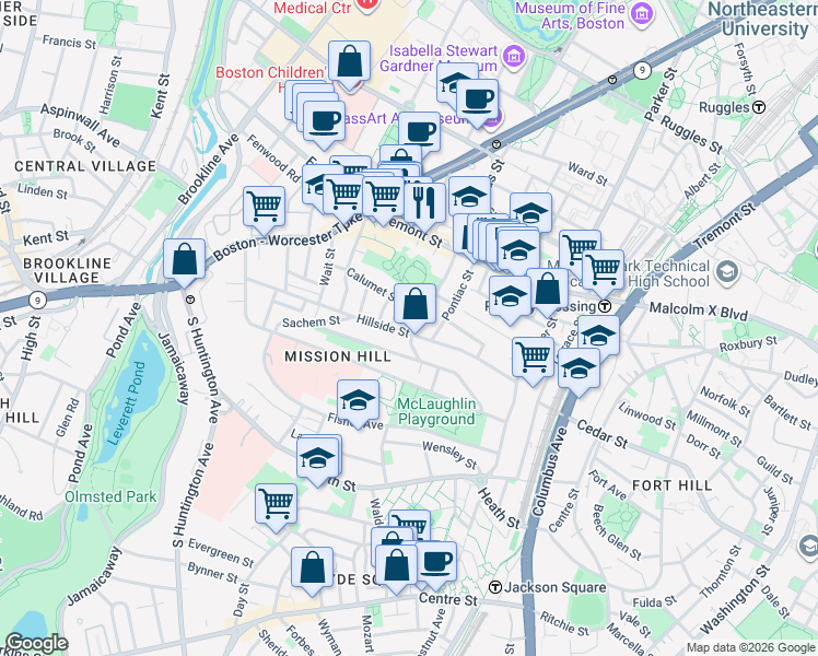 map of restaurants, bars, coffee shops, grocery stores, and more near 5 Iroquois Street in Boston