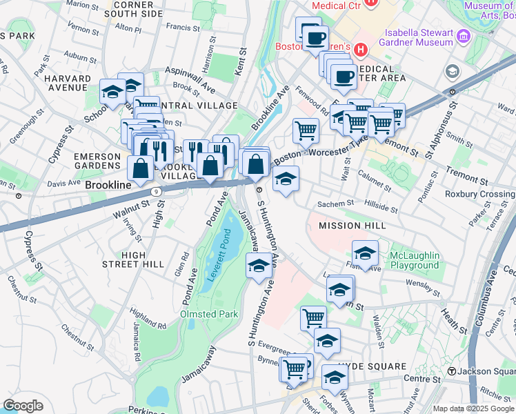map of restaurants, bars, coffee shops, grocery stores, and more near 53 South Huntington Avenue in Boston