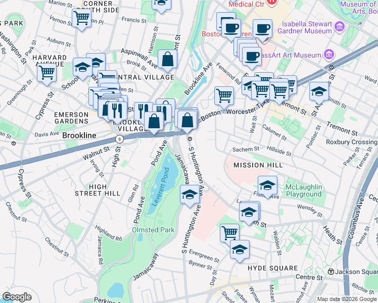 map of restaurants, bars, coffee shops, grocery stores, and more near 25-25A South Huntington Avenue in Boston