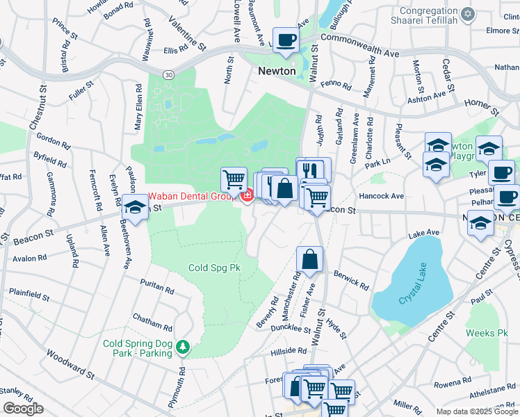 map of restaurants, bars, coffee shops, grocery stores, and more near 1172 Beacon Street in Newton
