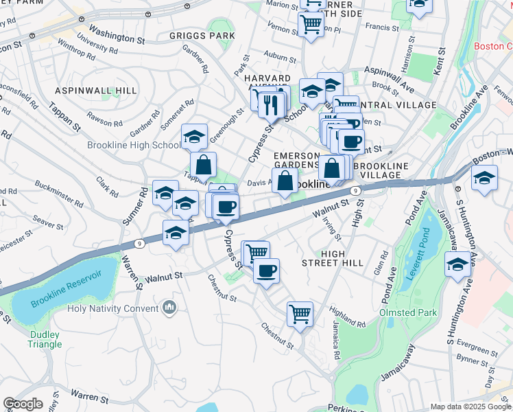 map of restaurants, bars, coffee shops, grocery stores, and more near 7 Cameron Street in Brookline