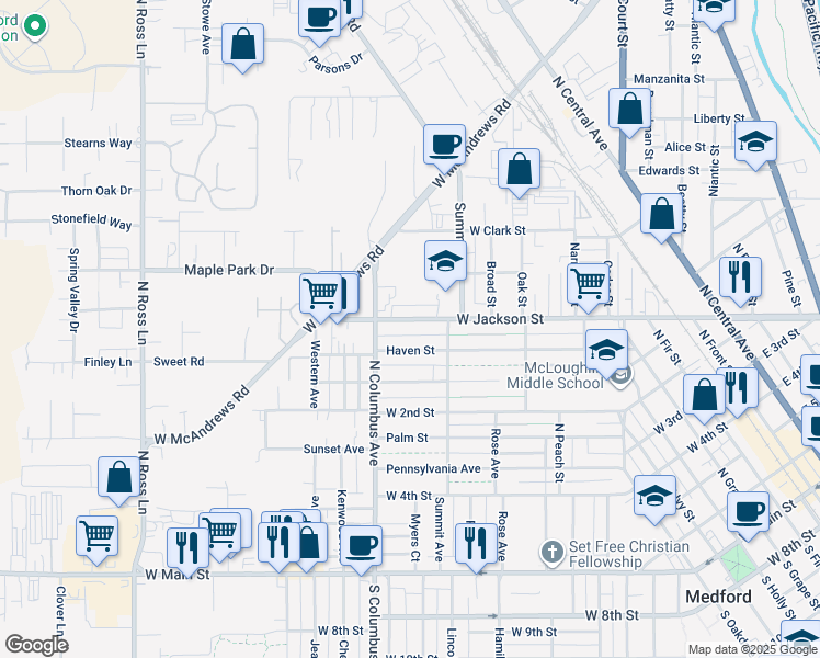 map of restaurants, bars, coffee shops, grocery stores, and more near 740 West Jackson Street in Medford