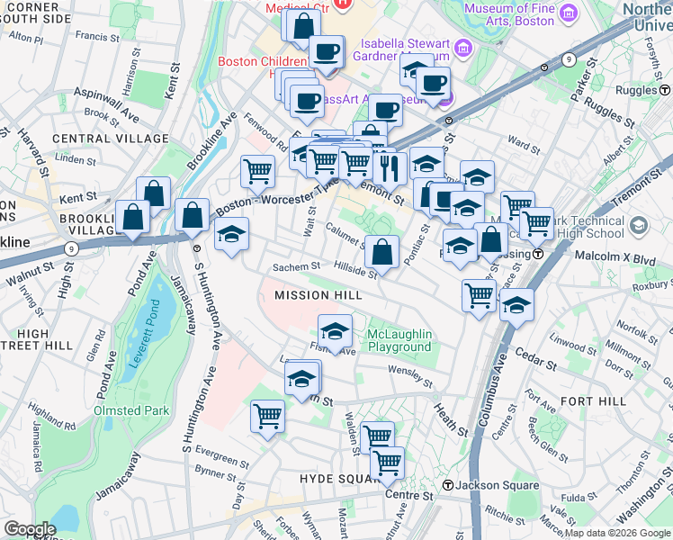 map of restaurants, bars, coffee shops, grocery stores, and more near 128 Hillside Street in Boston