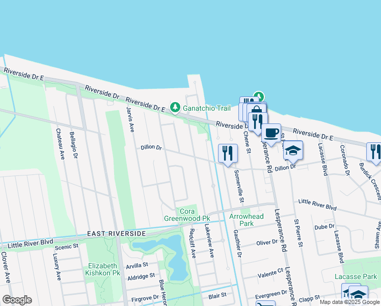 map of restaurants, bars, coffee shops, grocery stores, and more near 593 Lakeview Avenue in Windsor