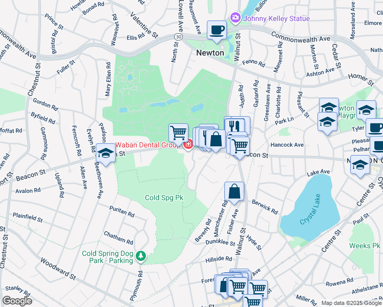 map of restaurants, bars, coffee shops, grocery stores, and more near 1172 Beacon Street in Newton