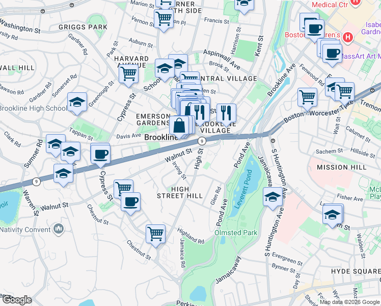 map of restaurants, bars, coffee shops, grocery stores, and more near 9 Boylston Street in Brookline