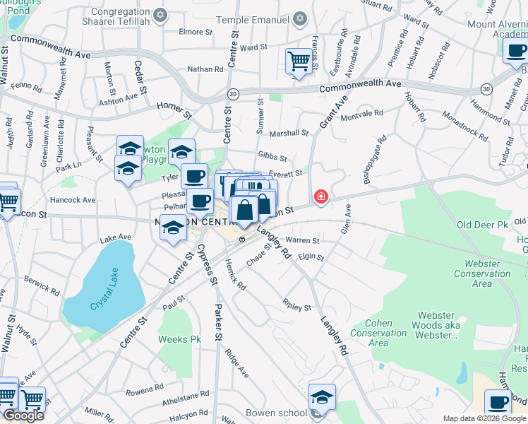 map of restaurants, bars, coffee shops, grocery stores, and more near 739 Beacon Street in Newton
