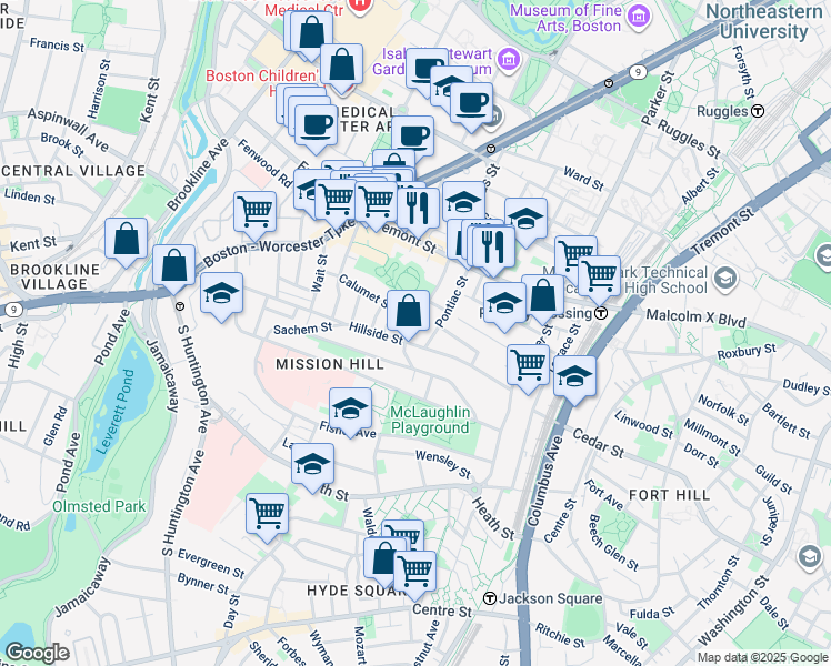 map of restaurants, bars, coffee shops, grocery stores, and more near 130 Calumet Street in Boston