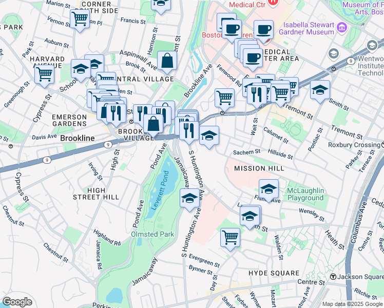 map of restaurants, bars, coffee shops, grocery stores, and more near 46 South Huntington Avenue in Boston