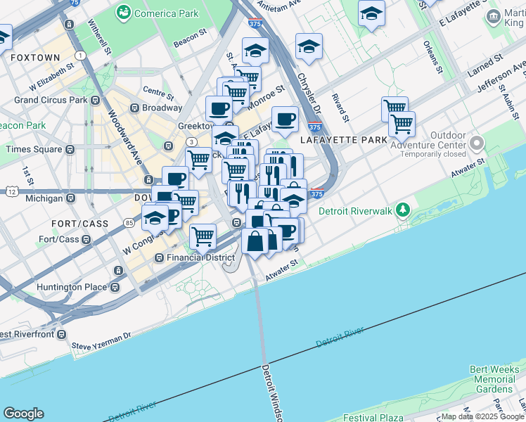 map of restaurants, bars, coffee shops, grocery stores, and more near 441 East Jefferson Avenue in Detroit