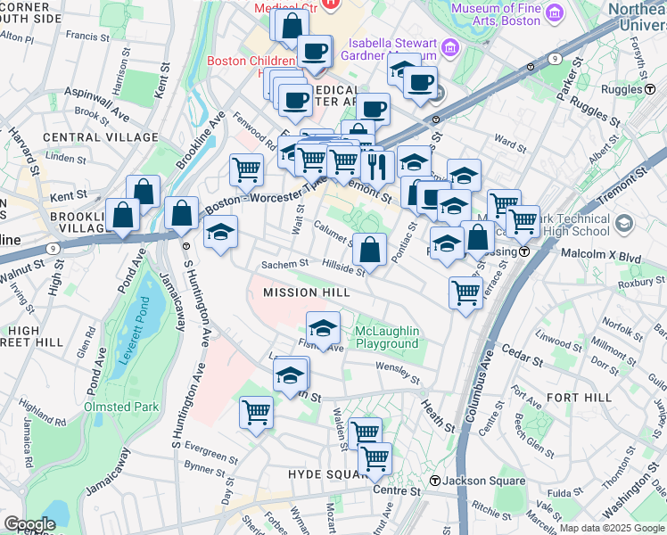 map of restaurants, bars, coffee shops, grocery stores, and more near 5 Oswald Street in Boston