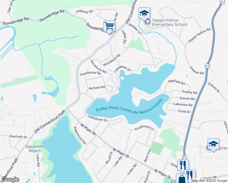 map of restaurants, bars, coffee shops, grocery stores, and more near Lakeshore Drive in Wayland
