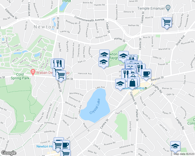 map of restaurants, bars, coffee shops, grocery stores, and more near 945 Beacon Street in Newton