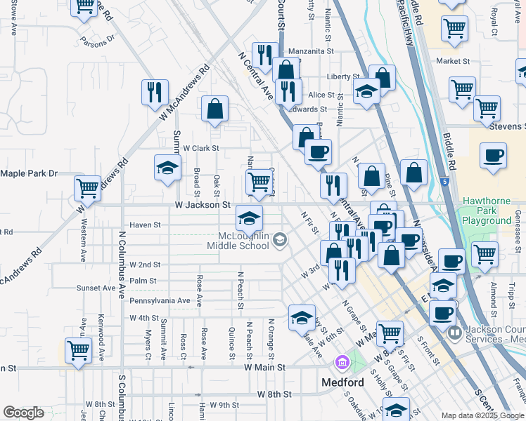 map of restaurants, bars, coffee shops, grocery stores, and more near 711 Cedar Street in Medford