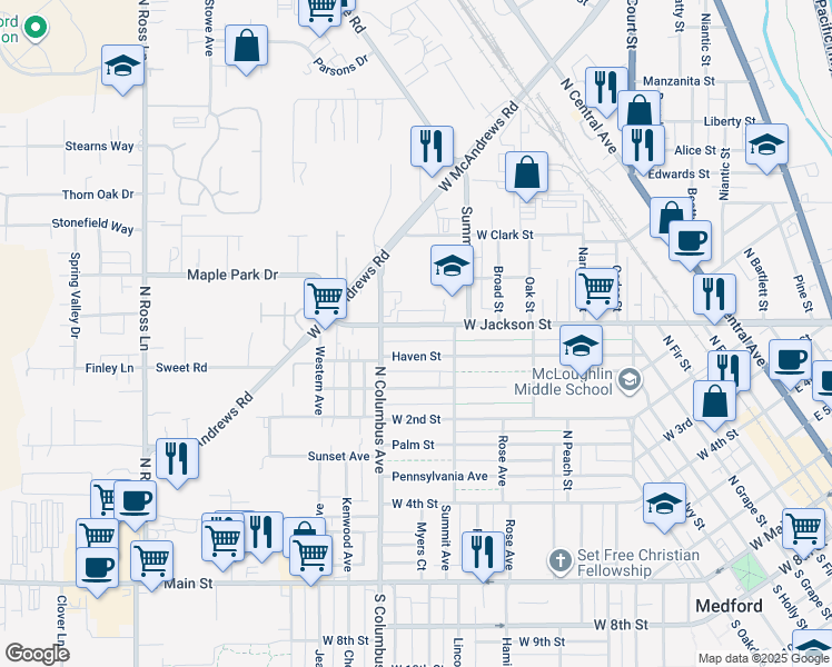 map of restaurants, bars, coffee shops, grocery stores, and more near 740 West Jackson Street in Medford