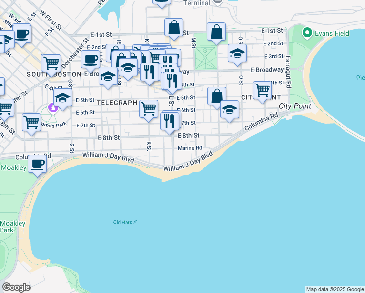 map of restaurants, bars, coffee shops, grocery stores, and more near 681 East 8th Street in Boston