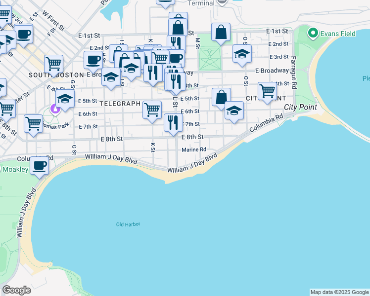 map of restaurants, bars, coffee shops, grocery stores, and more near 681 East 8th Street in Boston