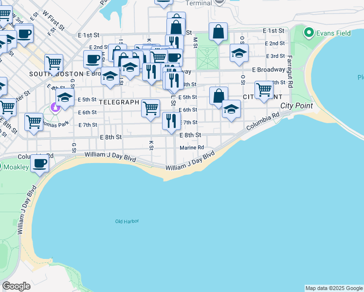 map of restaurants, bars, coffee shops, grocery stores, and more near 681 East 8th Street in Boston