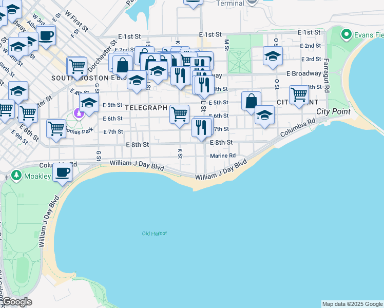 map of restaurants, bars, coffee shops, grocery stores, and more near 360 K Street in Boston