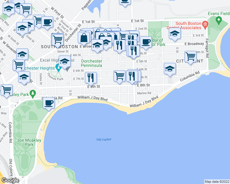 map of restaurants, bars, coffee shops, grocery stores, and more near 582-1/2 East 8th Street in Boston