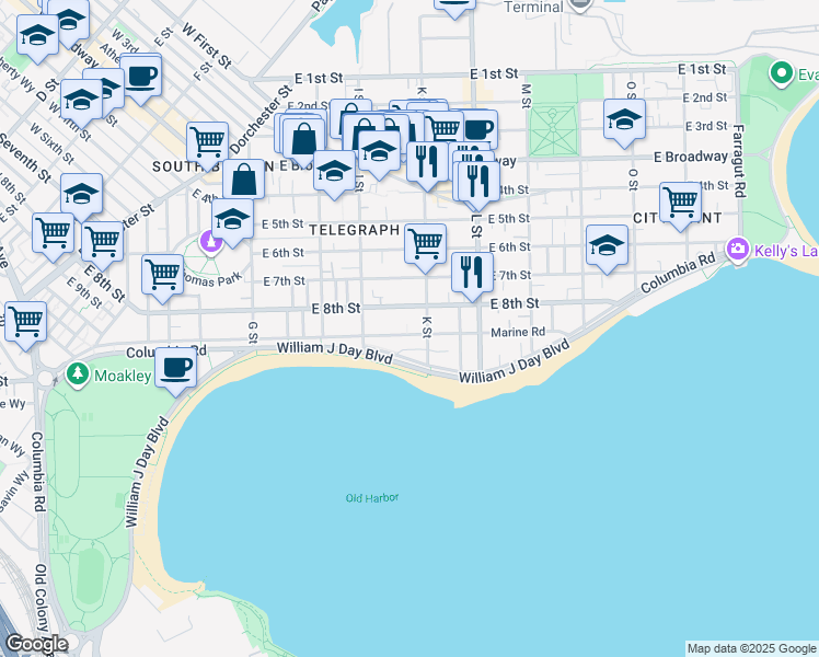map of restaurants, bars, coffee shops, grocery stores, and more near 582-1/2 East 8th Street in Boston