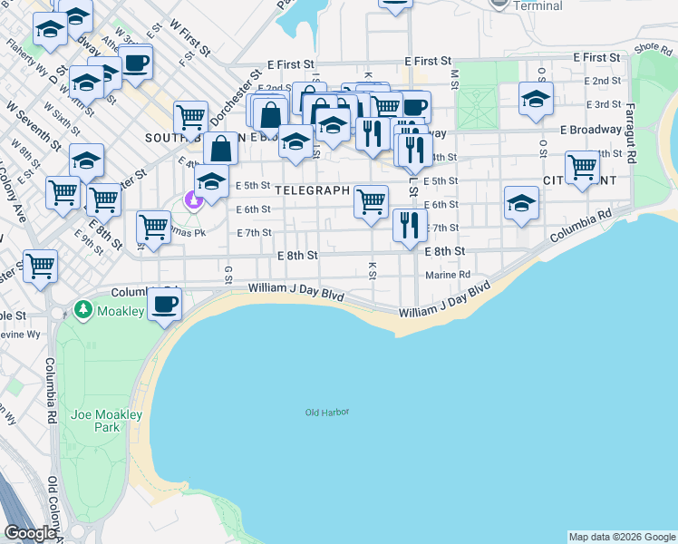 map of restaurants, bars, coffee shops, grocery stores, and more near 582 H East 8th Street in Boston