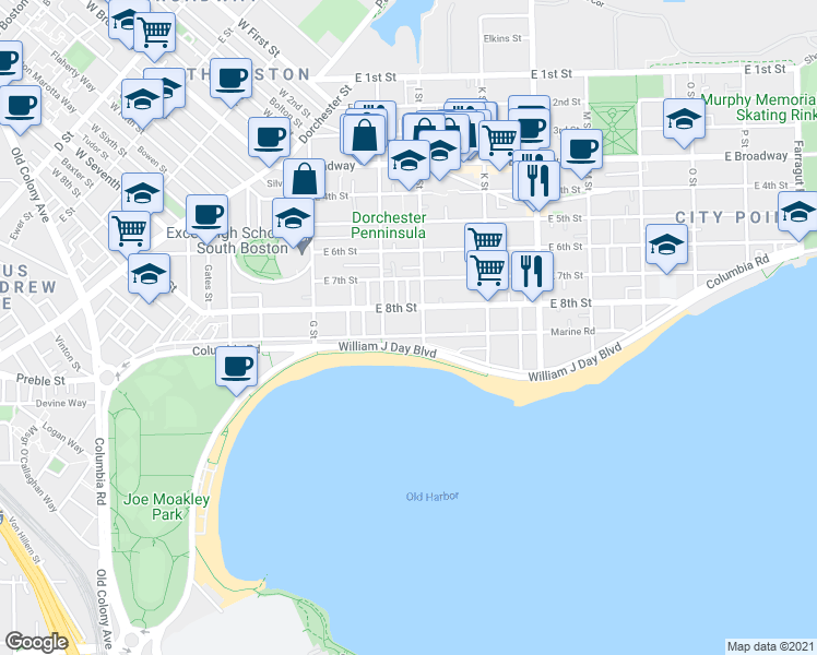 map of restaurants, bars, coffee shops, grocery stores, and more near 540 East 8th Street in Boston