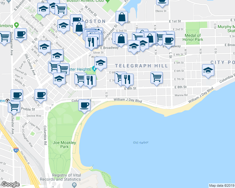 map of restaurants, bars, coffee shops, grocery stores, and more near 454 East 8th Street in Boston