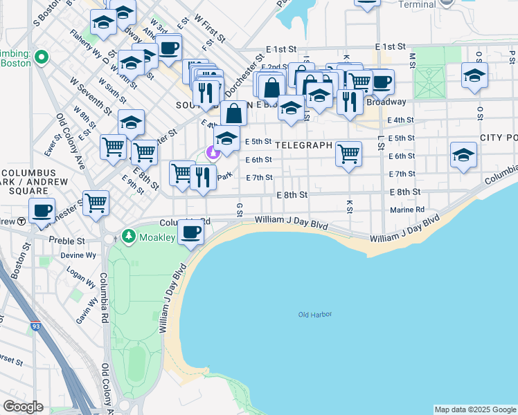map of restaurants, bars, coffee shops, grocery stores, and more near 454 East 8th Street in Boston
