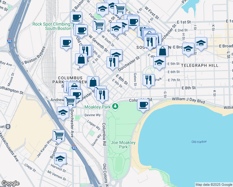 map of restaurants, bars, coffee shops, grocery stores, and more near 50 Rev Burke Street in Boston