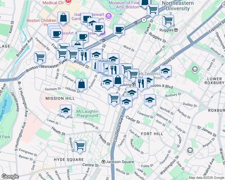 map of restaurants, bars, coffee shops, grocery stores, and more near in Boston