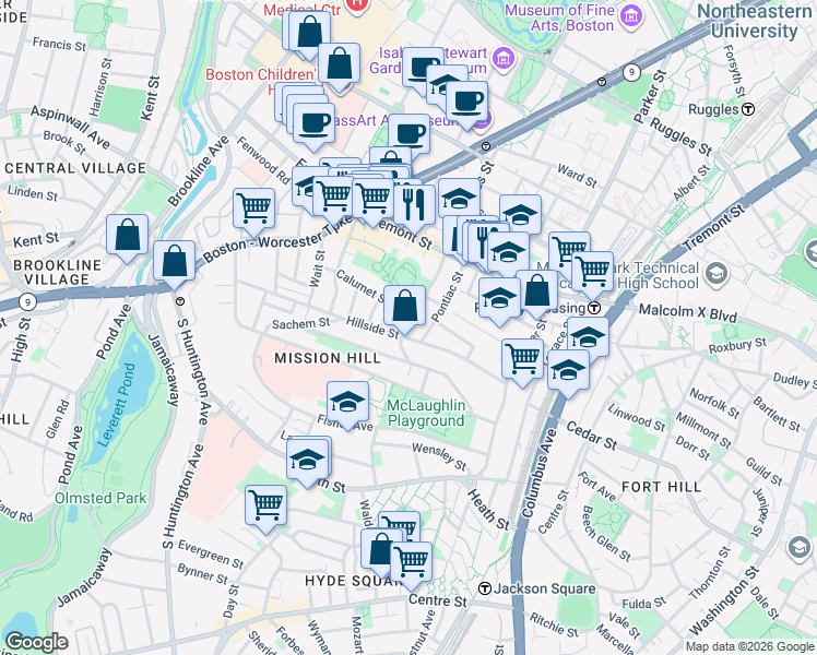 map of restaurants, bars, coffee shops, grocery stores, and more near 101 Calumet Street in Boston