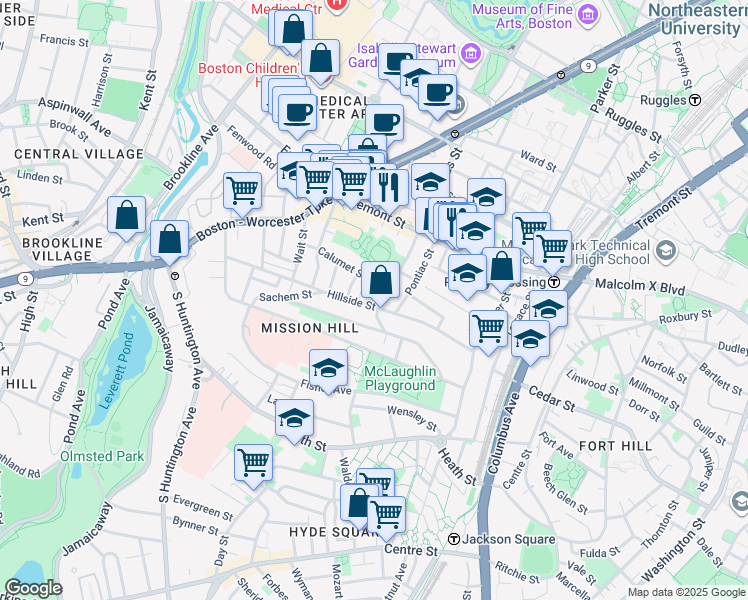 map of restaurants, bars, coffee shops, grocery stores, and more near 101 Calumet Street in Boston