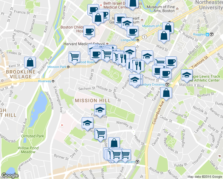 map of restaurants, bars, coffee shops, grocery stores, and more near 101 Calumet Street in Boston