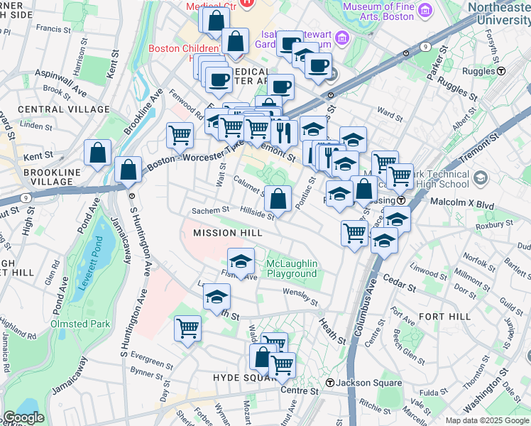 map of restaurants, bars, coffee shops, grocery stores, and more near 101 Calumet Street in Boston