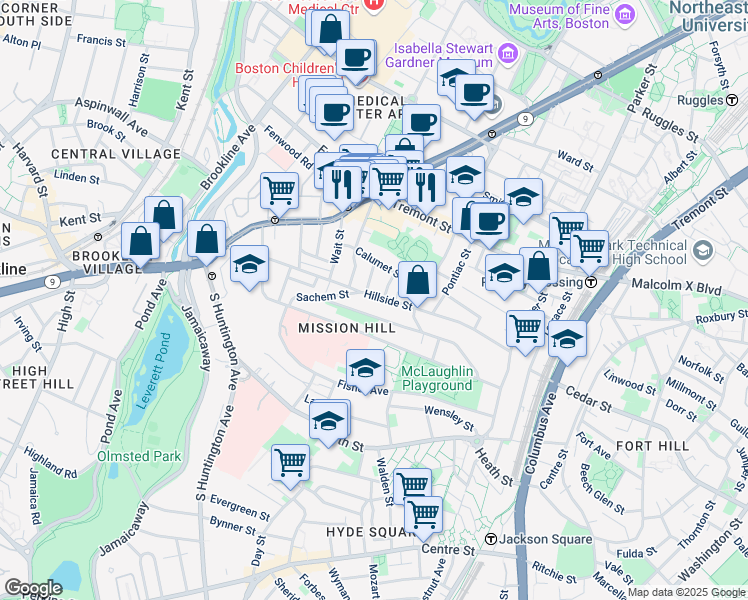 map of restaurants, bars, coffee shops, grocery stores, and more near 5 Oswald Street in Boston