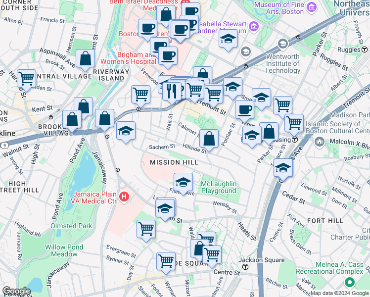 map of restaurants, bars, coffee shops, grocery stores, and more near 5 Oswald Street in Boston