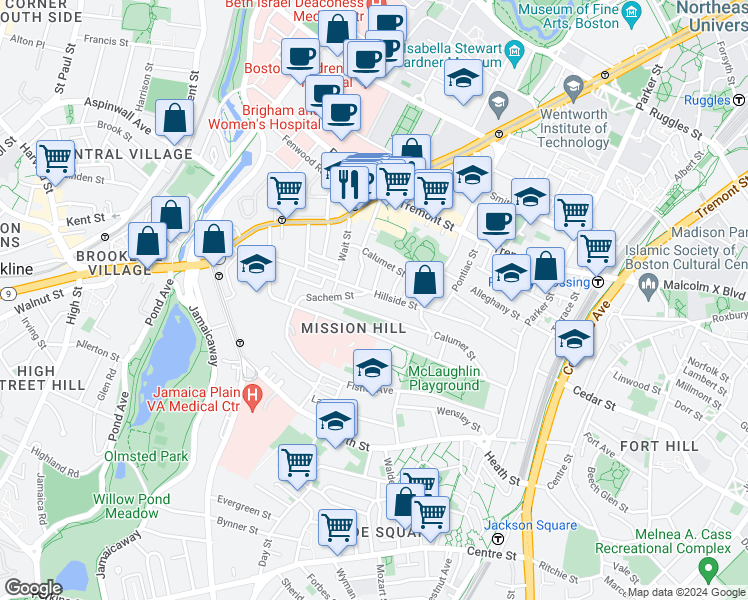 map of restaurants, bars, coffee shops, grocery stores, and more near 5 Oswald Street in Boston