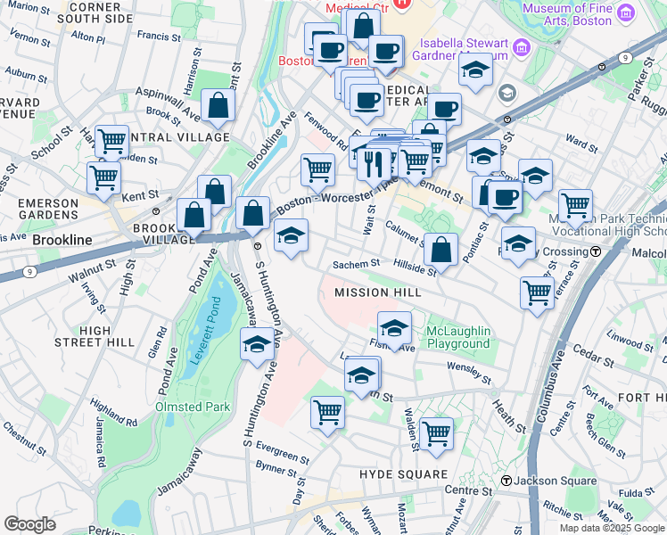 map of restaurants, bars, coffee shops, grocery stores, and more near 168 Hillside Street in Boston