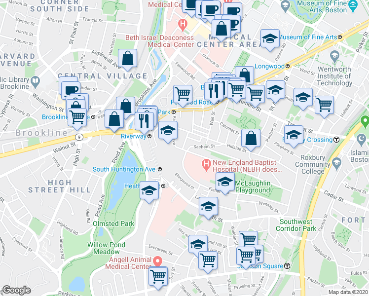 map of restaurants, bars, coffee shops, grocery stores, and more near 11 Sunset Street in Boston