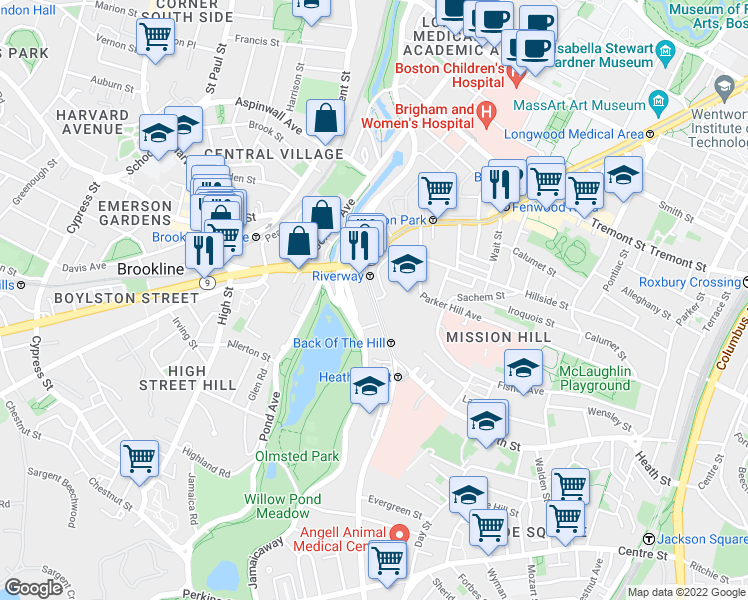 map of restaurants, bars, coffee shops, grocery stores, and more near 25-25A South Huntington Avenue in Boston