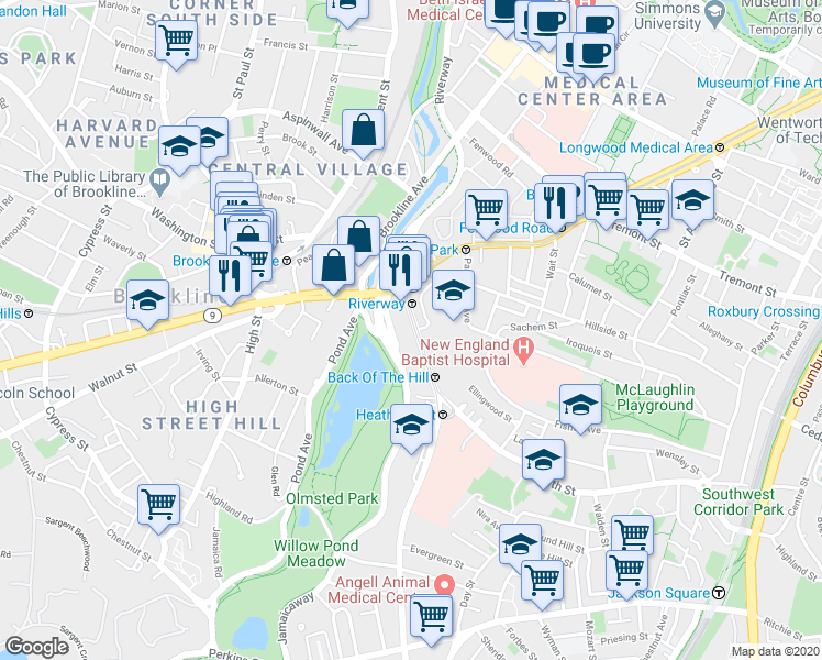 map of restaurants, bars, coffee shops, grocery stores, and more near 25-25A South Huntington Avenue in Boston