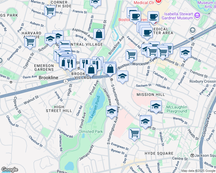 map of restaurants, bars, coffee shops, grocery stores, and more near 25-25A South Huntington Avenue in Boston