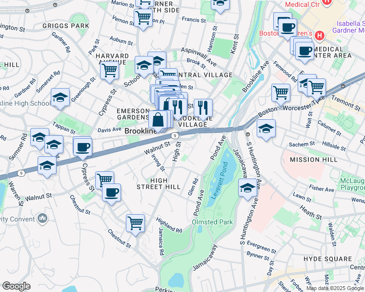 map of restaurants, bars, coffee shops, grocery stores, and more near 9 Boylston Street in Brookline